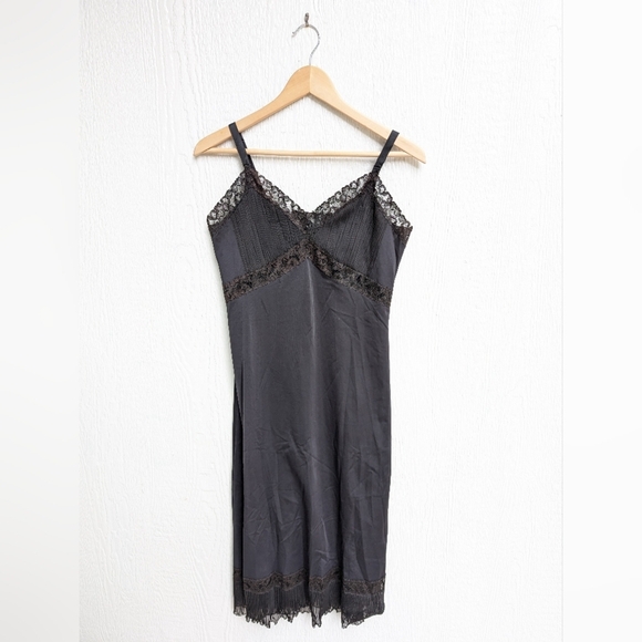 Vintage 60s Gotham Gold Stripe Black Lace Slip Nightgown Lingerie Dress 36 Tall - Picture 1 of 8